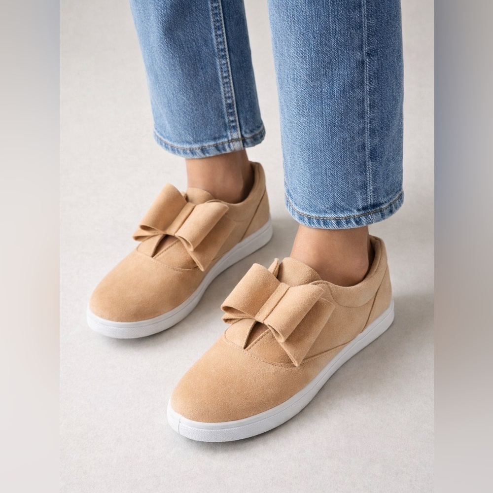 Tan bow suede slip on flat sneakers beige casual everyday